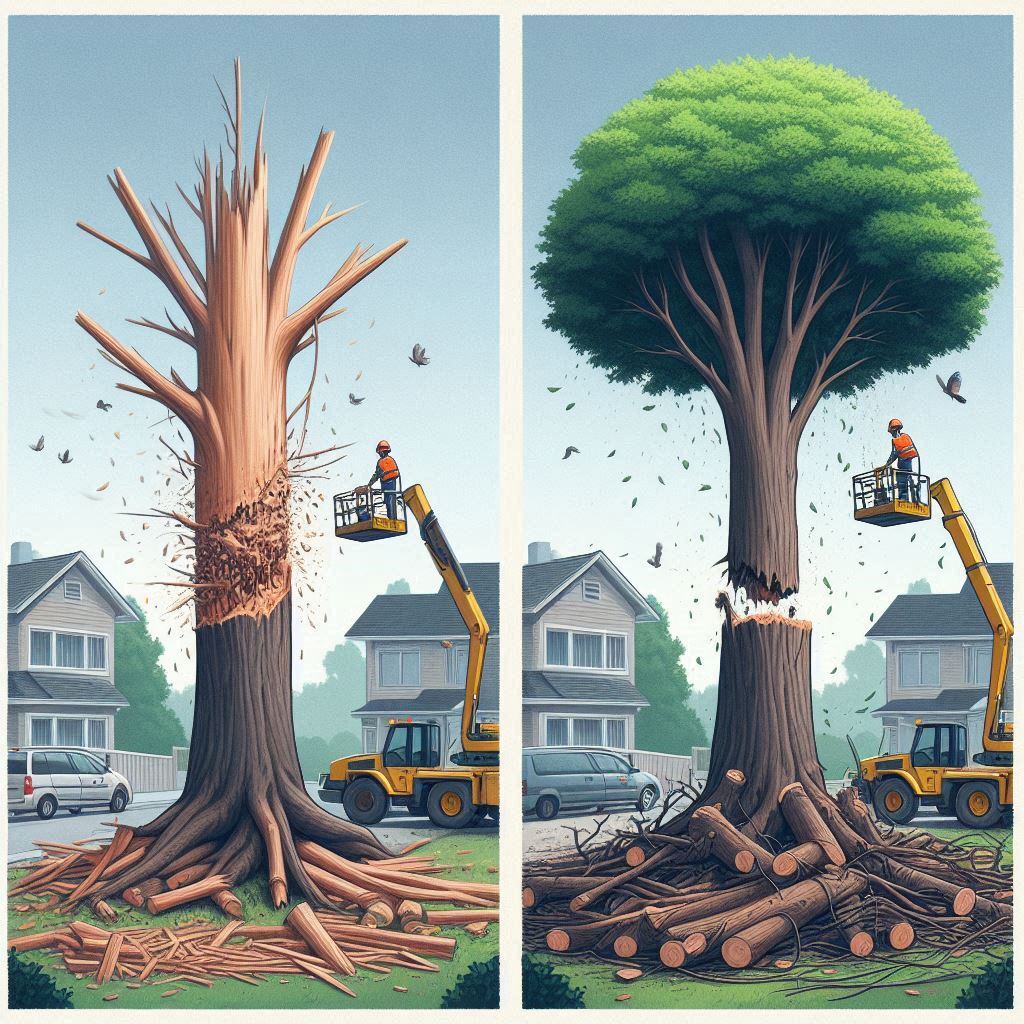 The Importance of Professional Tree Removal for Property Safety Blog Article - Before and after images of a tree removal process, showing a hazardous tree safely removed